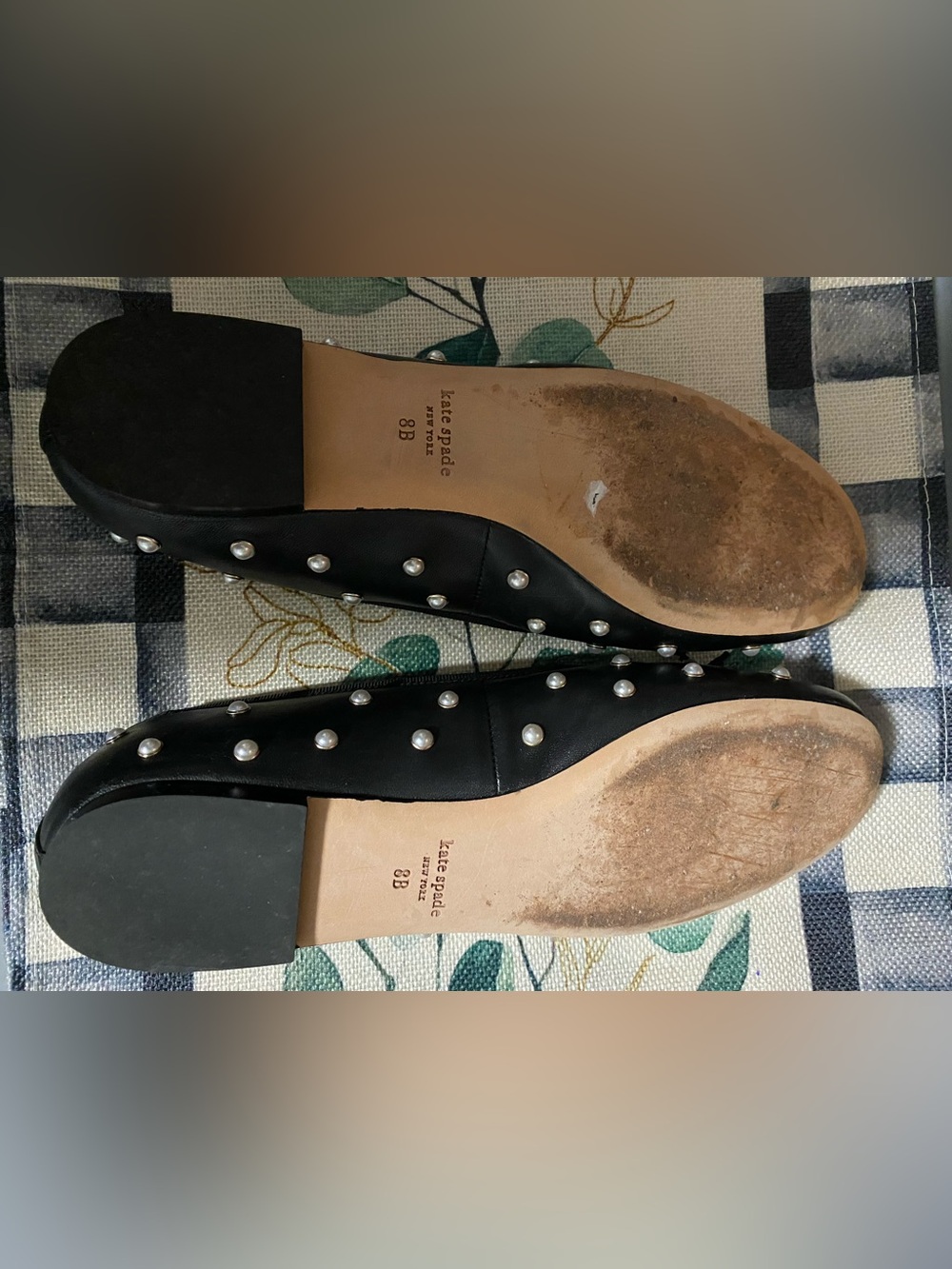 kate spade Black Leather Honey Pearl-Studded Ballet Flats, 8 women’s - Picture 6 of 8